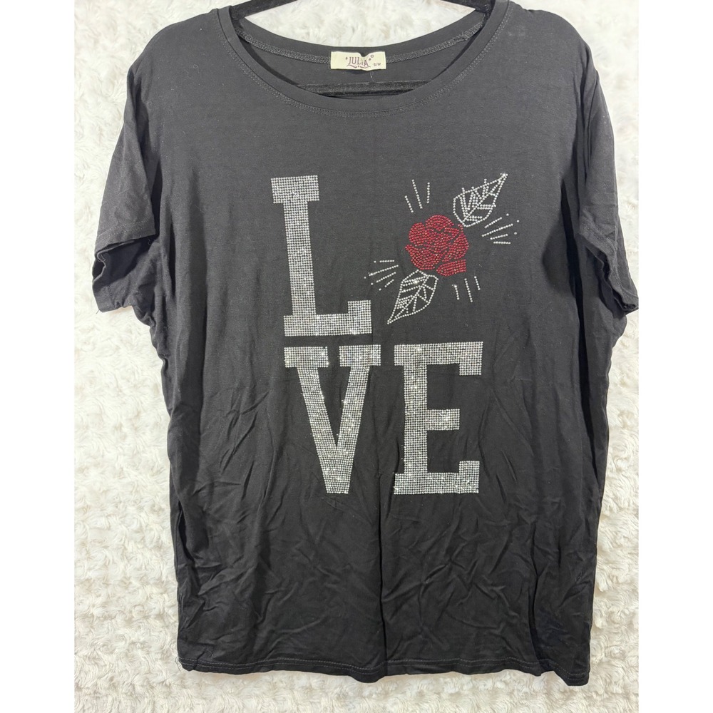 Julia Black Rhinestone Love Rose Graphic Tee Shirt Women S/M Rayon Stretch
